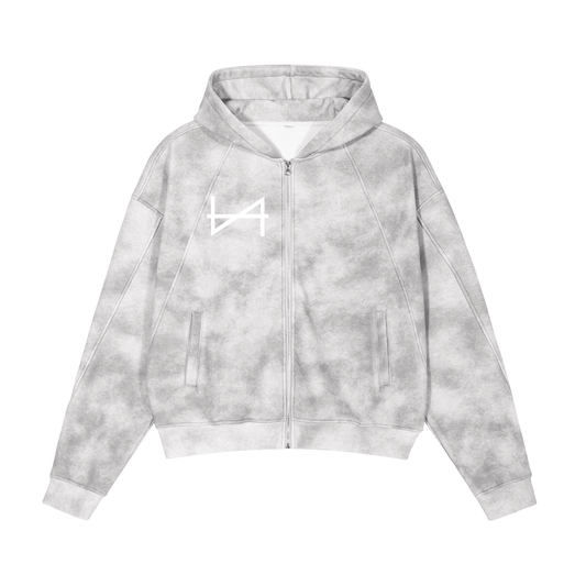Dirty-Washed Boxy Zip-Up Fleece Hoodie