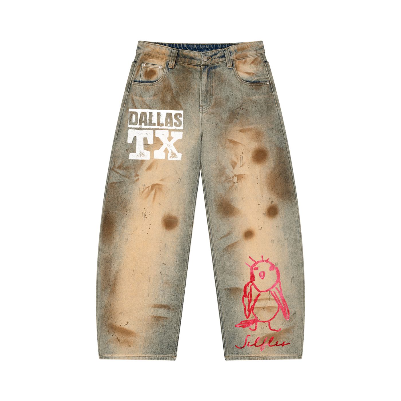 Ink Stamped Barrel Leg Jeans