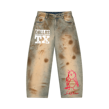 Ink Stamped Barrel Leg Jeans