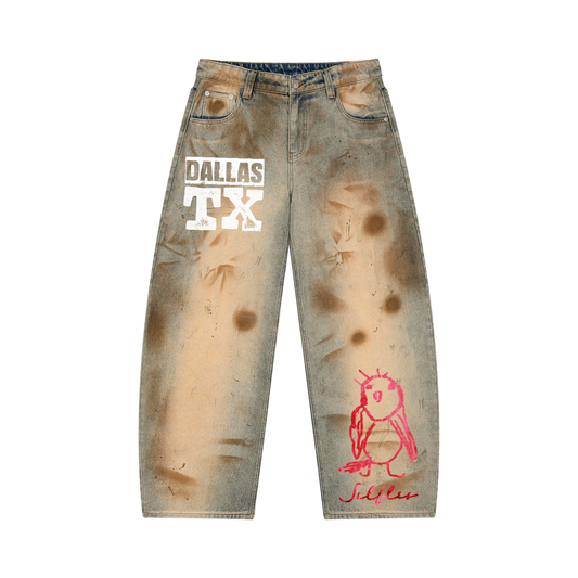 Ink Stamped Barrel Leg Jeans